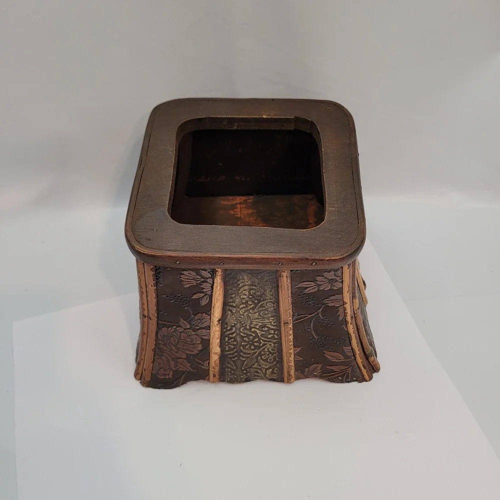 Vintage Decorative Keepsake Box Brown Floral Embossed Bamboo Trim Flared